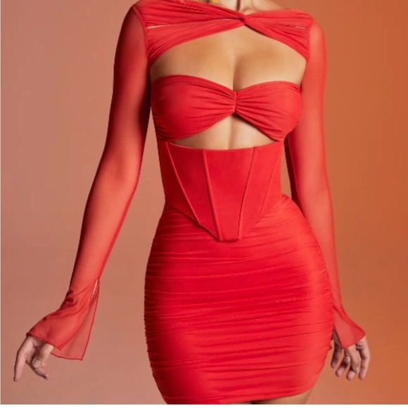 Oh Polly Ruched Fiery Red Cut-Out Long Sleeve Dress - Picture 4 of 8